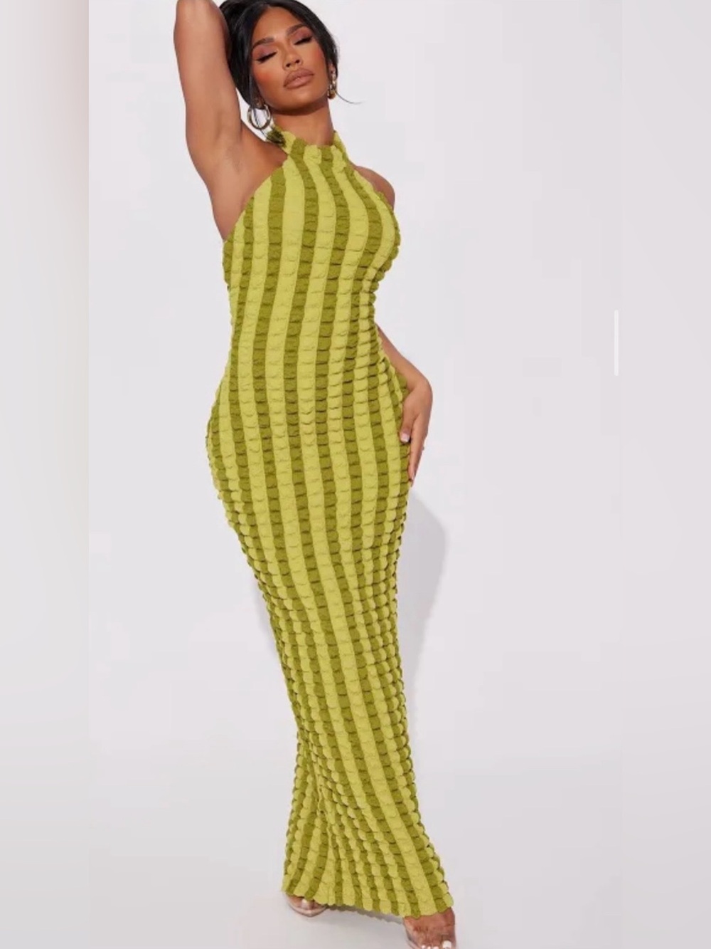 Fashion Nova Olive Textured Halter Maxi Dress